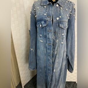 Pearl-Embellished Distressed Long Denim Jacket - Light Blue